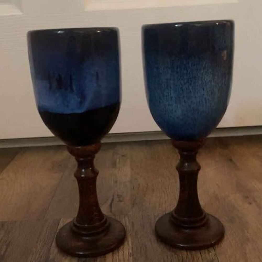 Pair of Blue Ceramic Goblets with Wooden Stems